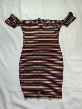 Shop 17 Mini Dress Size M Multicolor Striped Off-The-Shoulder Sleeves